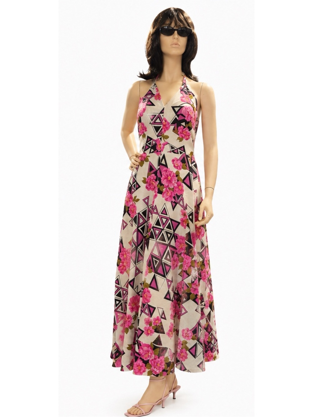 Vintage 70s Monique Fashions Floral Geometric Halter Maxi Dress Boho Cotton